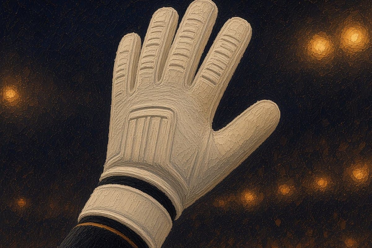 Impasto painting of a goalkeeper's gloved hand raised under stadium lights, with finger spines along the backhand.