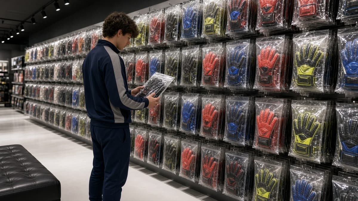 Young goalkeeper shopping for new goalkeeper gloves