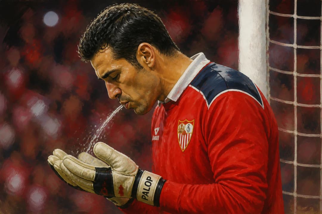 Goalkeeper spitting on gloves