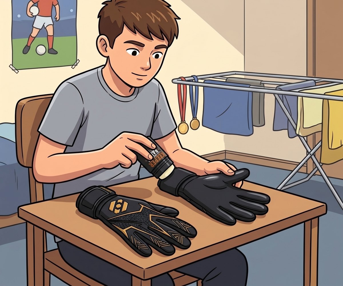 Goalkeeper applying KEEPER BALM to clean, dry goalkeeper gloves