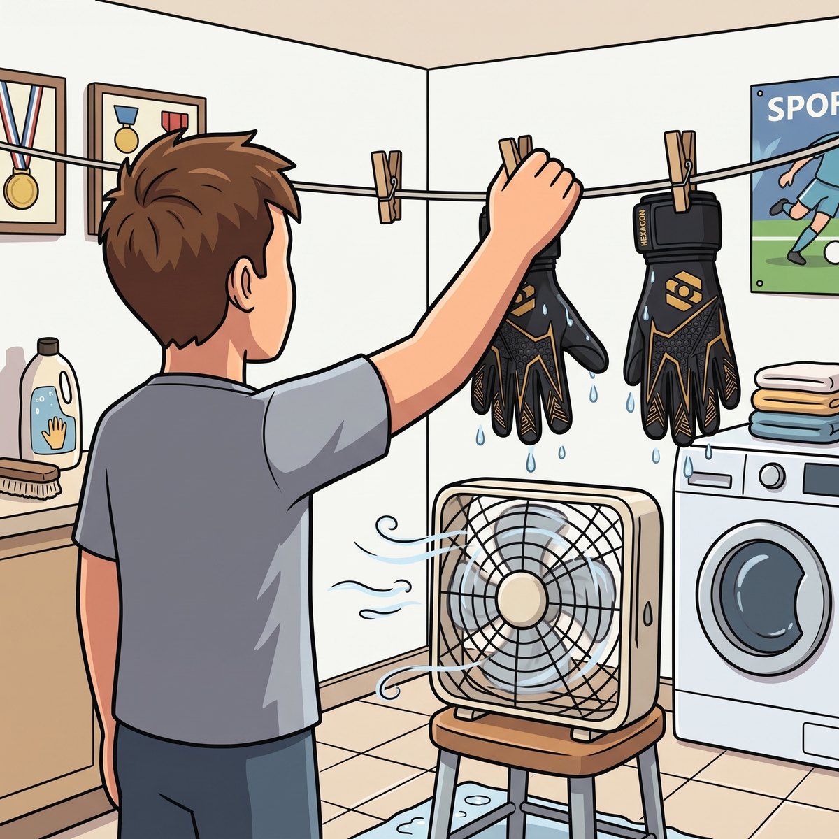 Goalkeeper air drying washed gloves away from direct heat